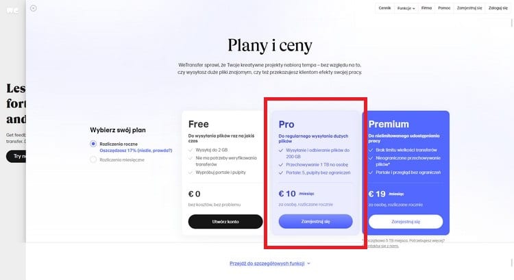 WeTransfer Pro cennik