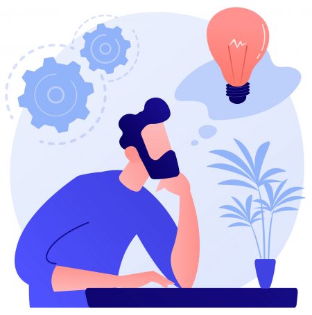 Business idea generation. Plan development. Pensive man with lightbulb cartoon character. Technical mindset, entrepreneurial mind, brainstorming process. Vector isolated concept metaphor illustration